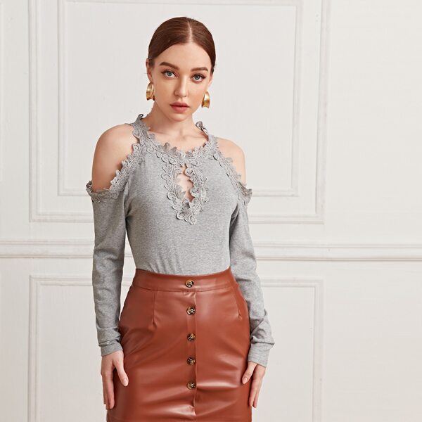 

Guipure Lace Trim Cut Out Back Top, Light grey