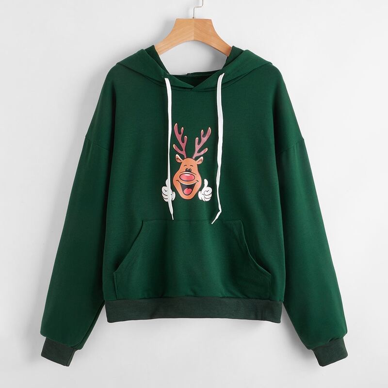 

Christmas Cartoon Graphic Hoodie, Dark green