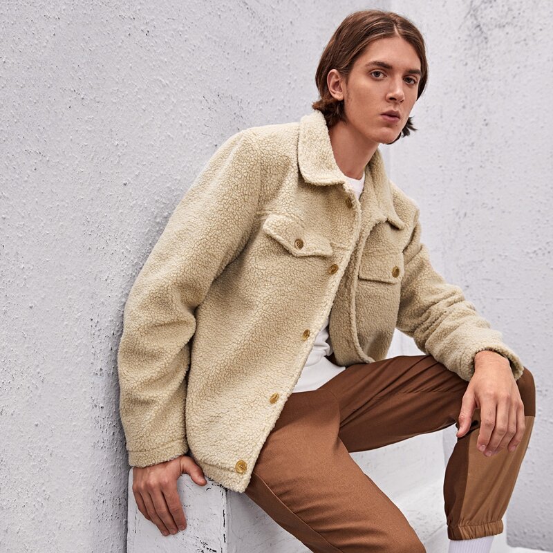 

Guys Button Up Teddy Jacket, Khaki