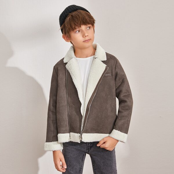 

Boys Contrast Shearling Trim Suede Moto Jacket, Mocha brown