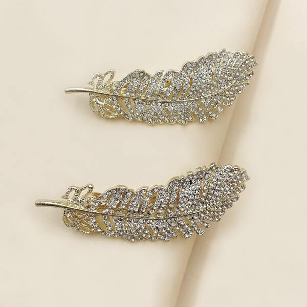 

2pcs Rhinestone Feather Hair Clip, Gold