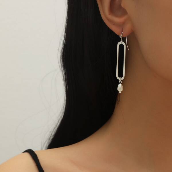 

Faux Pearl Decor Geometric Drop Earrings, Silver
