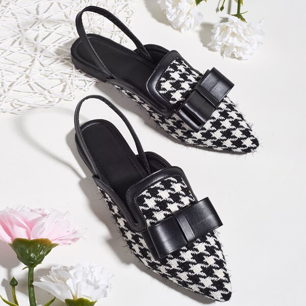 

Bow Decor Houndstooth Slingback Flats, Black and white