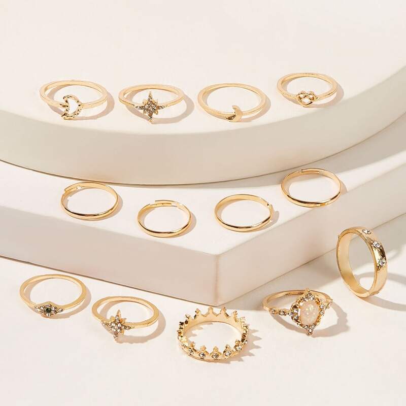 

13pcs Rhinestone Star & Moon Ring, Gold