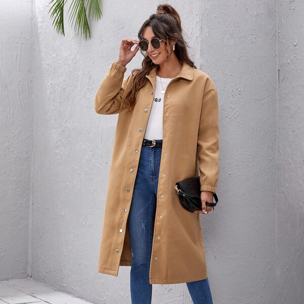 

Solid Button Up Drop Shoulder Coat, Camel
