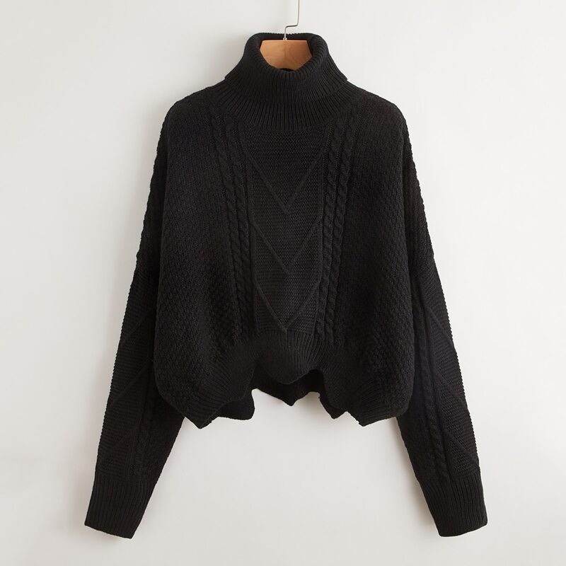 

Solid Cable Knit High Neck Sweater, Black