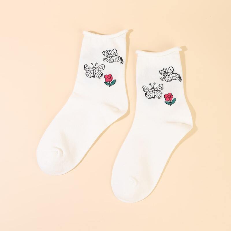 

Floral & Butterfly Crew Socks, White