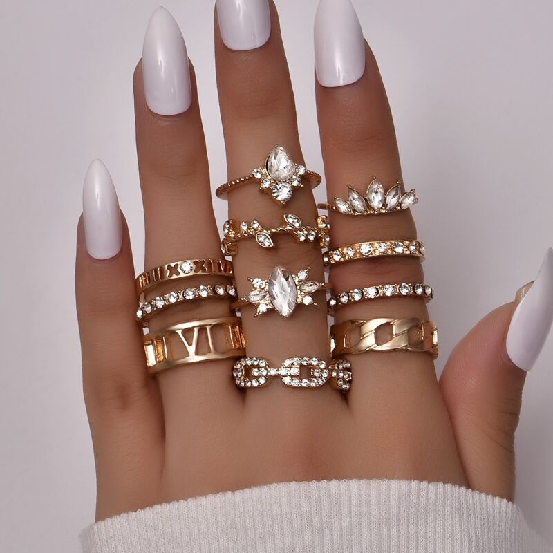 

11pcs Rhinestone Decor Hollow Out Ring, Gold