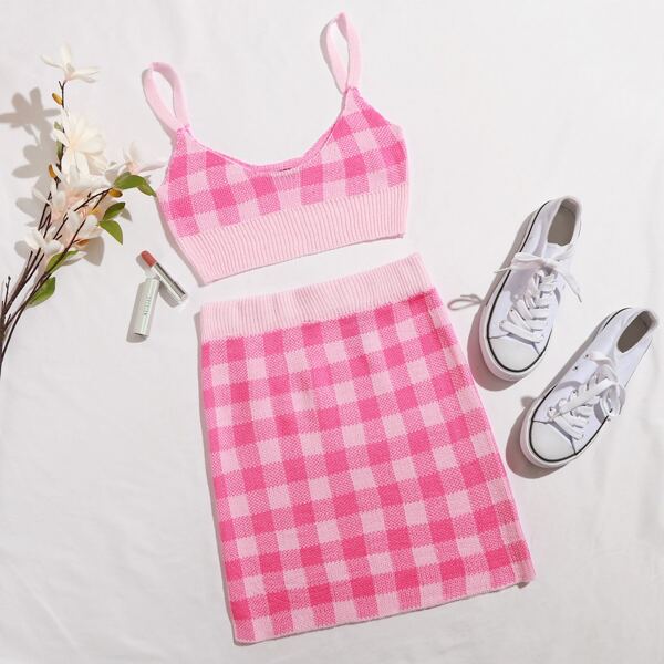 

Crop Gingham Knit Cami Top & Skirt Set, Pink