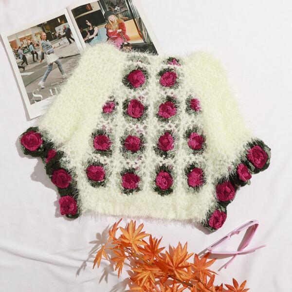

Batwing Sleeve Fuzzy Knit Flower Sweater, Multicolor