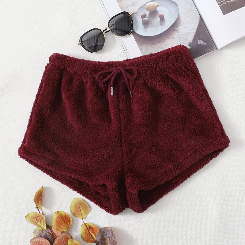 

Flannel Solid Drawstring Waist Lounge Shorts, Burgundy