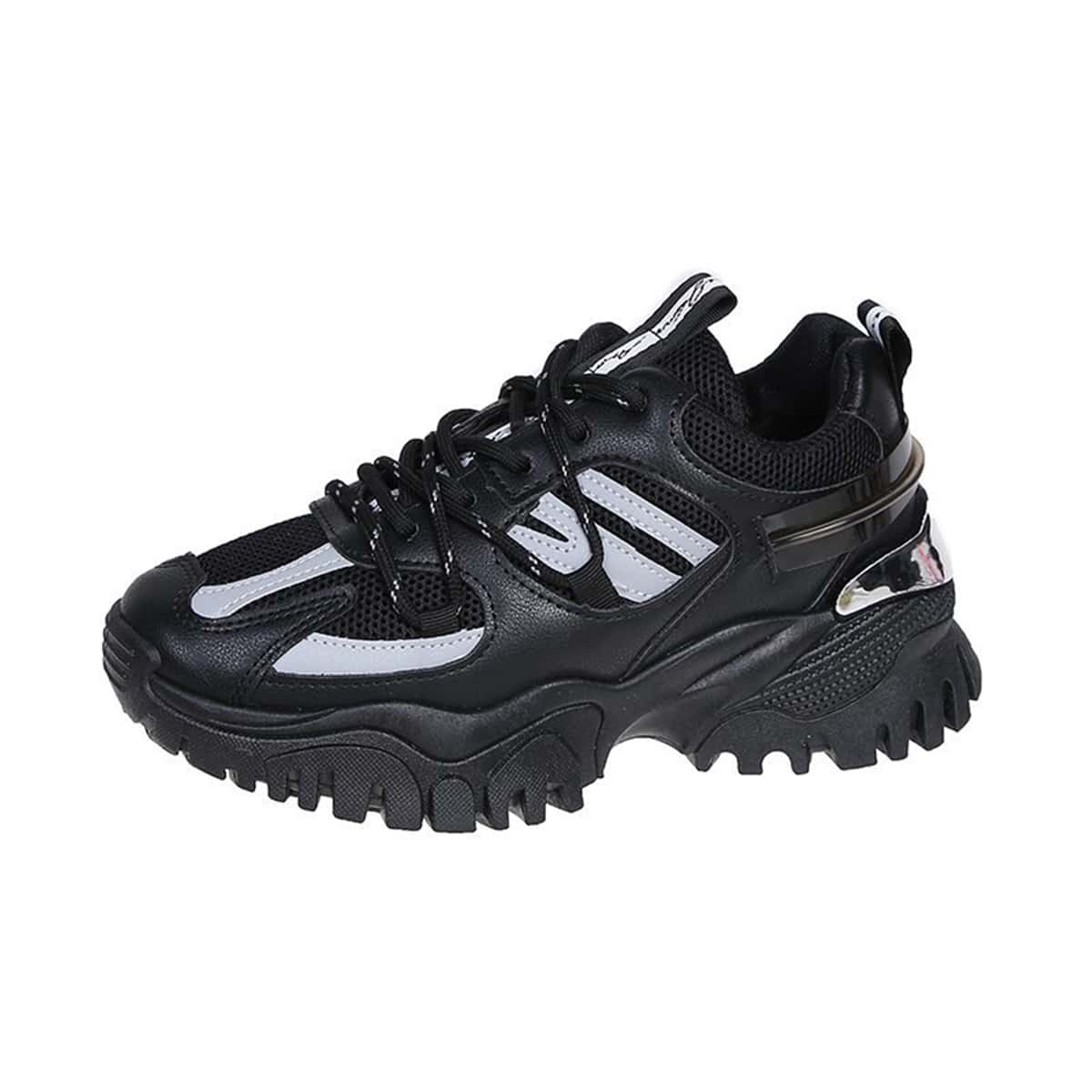 

Lace-up Front Mesh Chunky Sneakers, Black