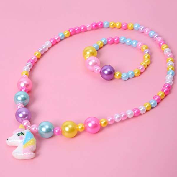 

2pcs Girls Unicorn Charm Beaded Jewelry Set, Multicolor