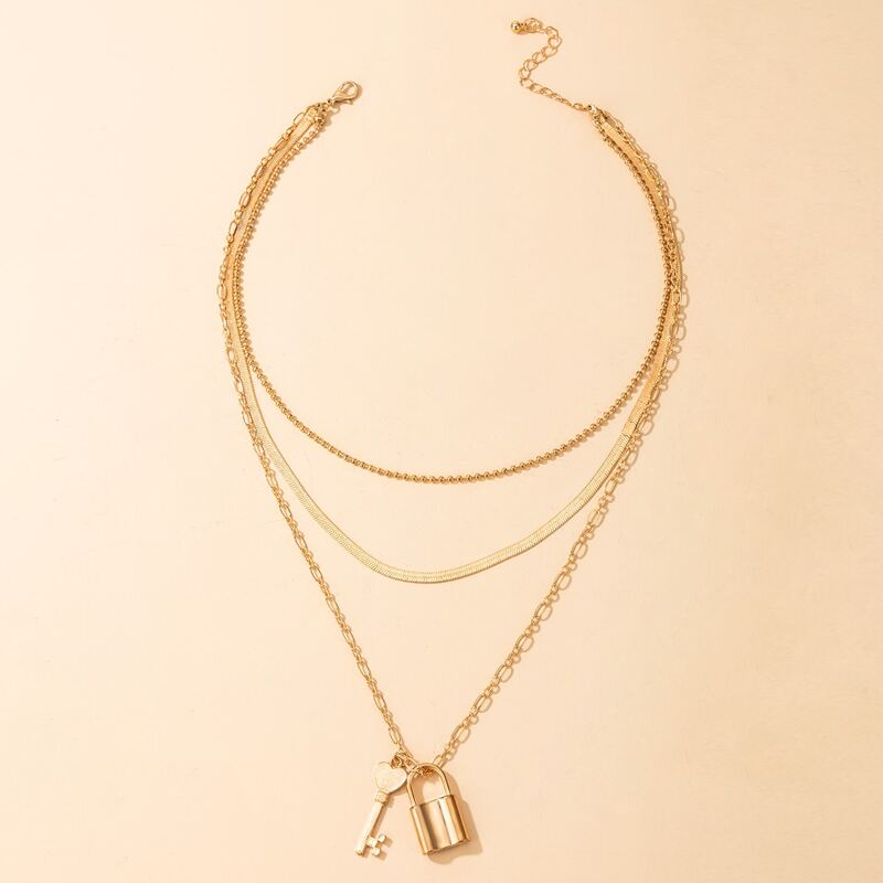 

Lock & Key Design Layered Necklace, Gold