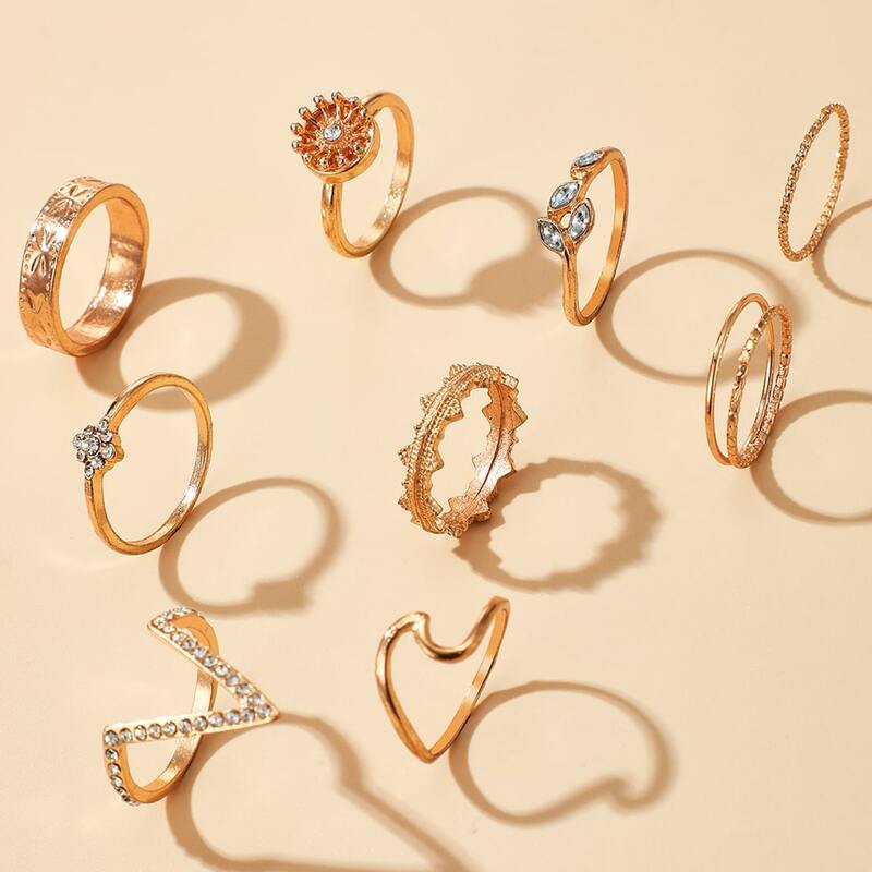 

9pcs Rhinestone Decor Ring Set, Gold