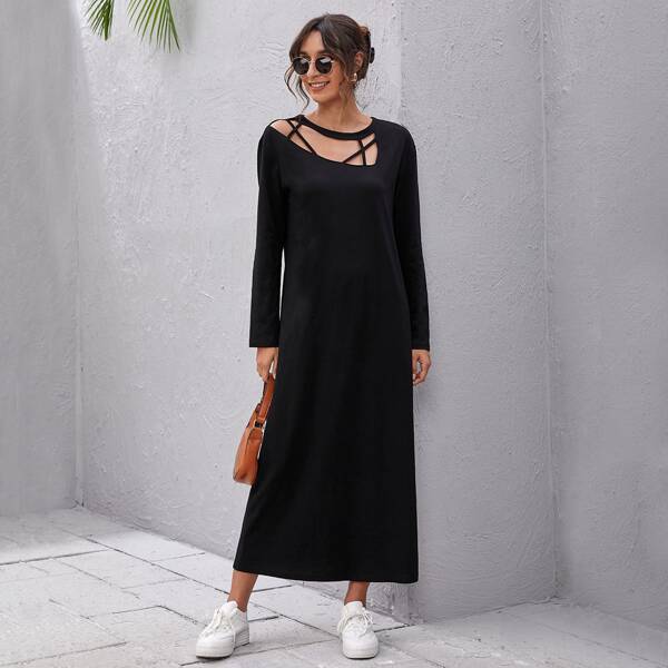 

Cut Out Solid Tee Dress, Black