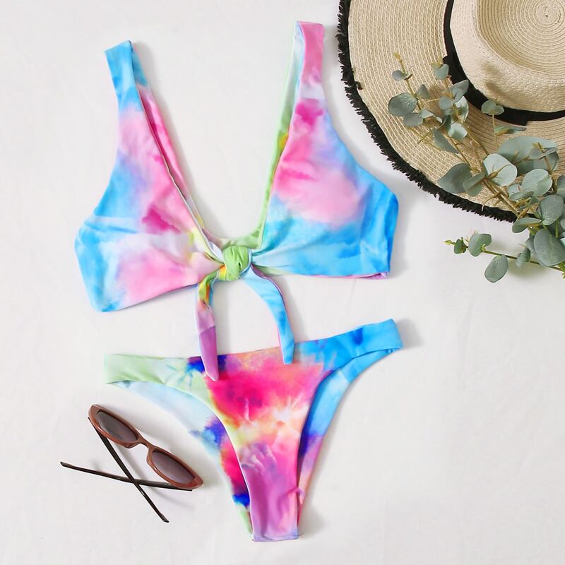 

Tie Dye Knot Front Bikini Swimsuit, Multicolor