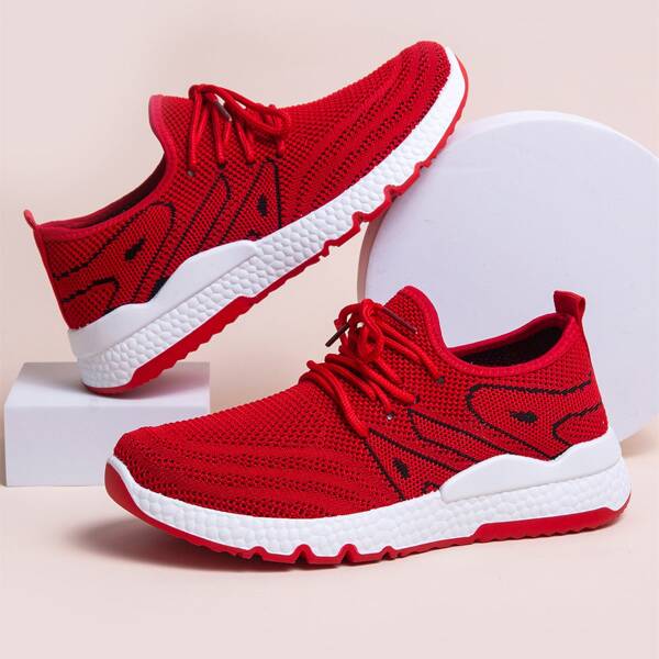 

Lace Up Decor Low Top Knit Sneakers, Red