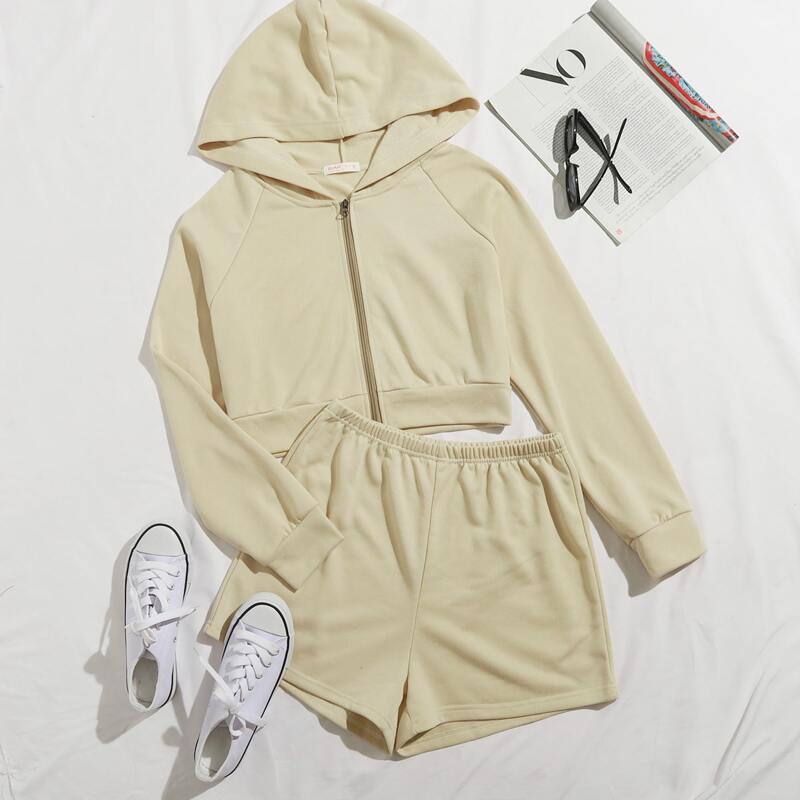 

Solid Zip Hoodie & Shorts, Apricot