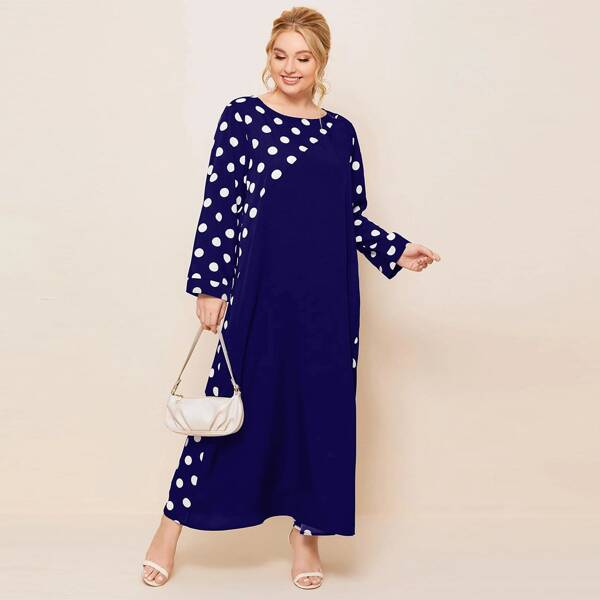 

Plus Polka Dot Long Sleeve Maxi Dress, Navy blue