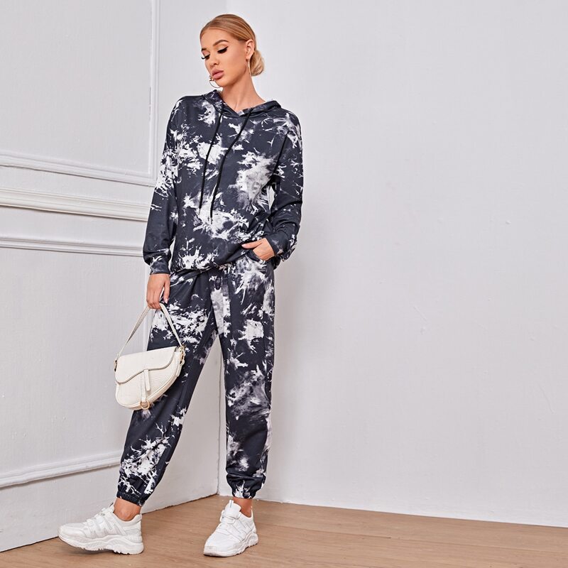 

Tie Dye Drop Shoulder Hoodie and Joggers Set, Black and white
