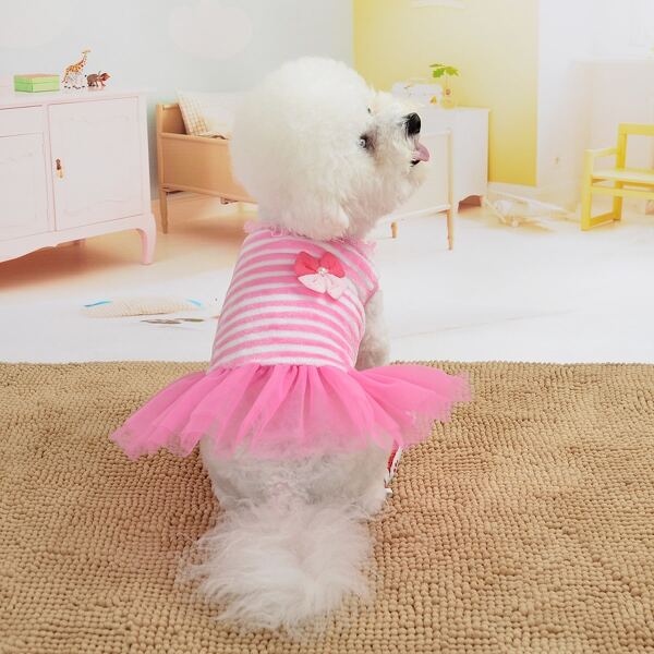 

Contrast Mesh Striped Dog Dress, Pink