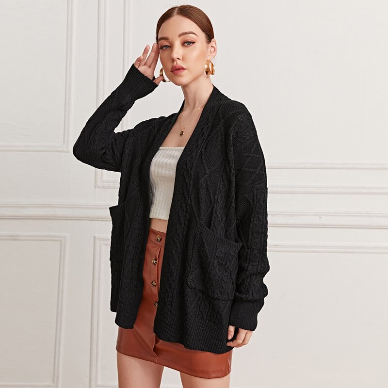 

Patch Pocket Belted Cable Knit Cardigan, Black