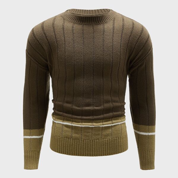 

Men Contrast Panel Crew Neck Sweater, Mocha brown