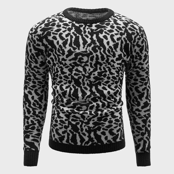 

Men Allover Pattern Crew Neck Sweater, Black and white