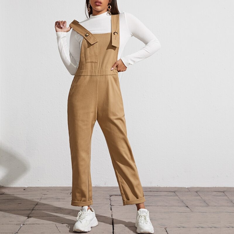 

Patch Pocket Solid Overalls, Khaki