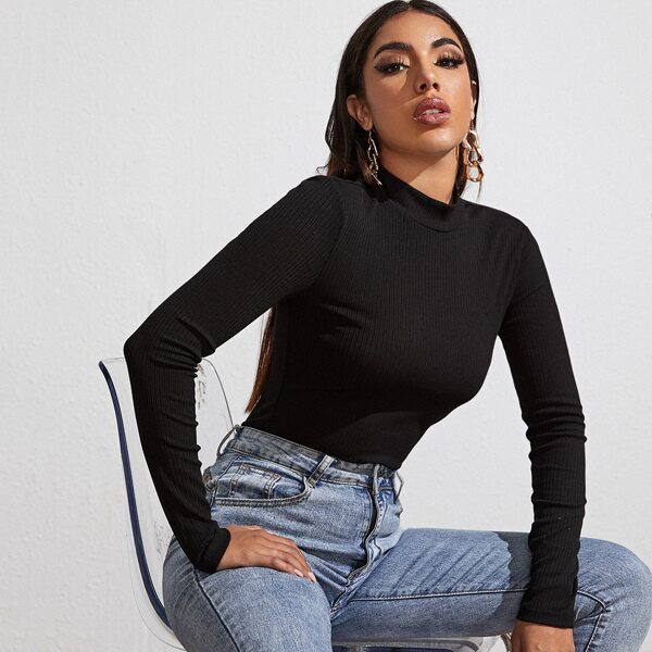

Mock-neck Solid Fitted Tee, Black