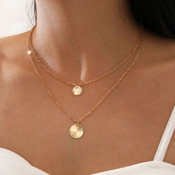 

2pcs Ribbed Disc Charm Necklace, Gold