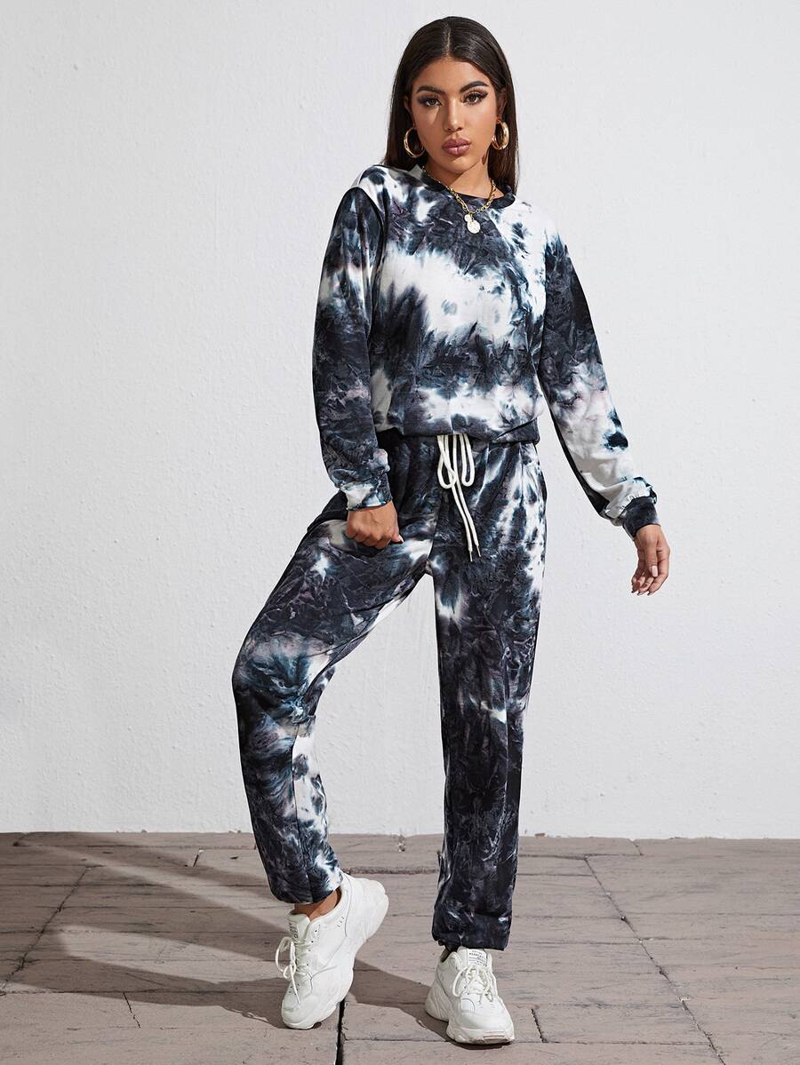 SHEIN Tie Dye Pullover and Slant Pocket Pants Set