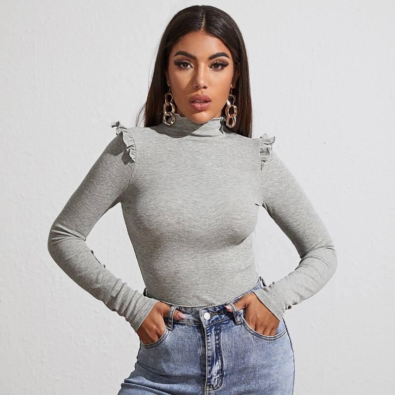 

Lettuce Edge Mock-neck Ruffle Trim Fitted Tee, Light grey