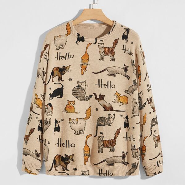

Men Cat And Letter Pattern Sweater, Multicolor