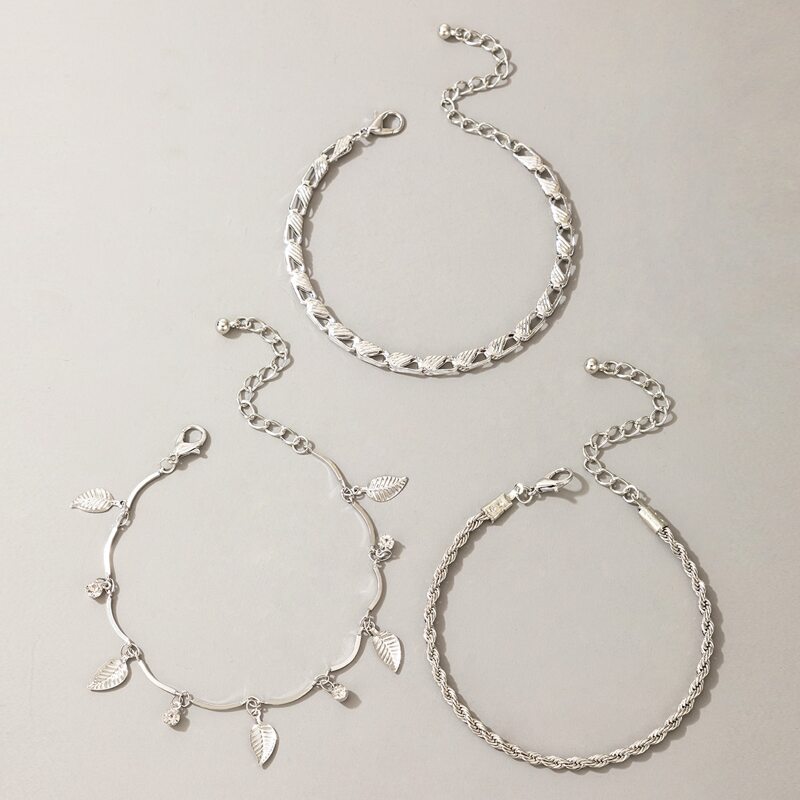 

3pcs Leaf Tassel Charm Anklet, Silver