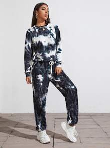 SHEIN Tie Dye Pullover and Slant Pocket Pants Set