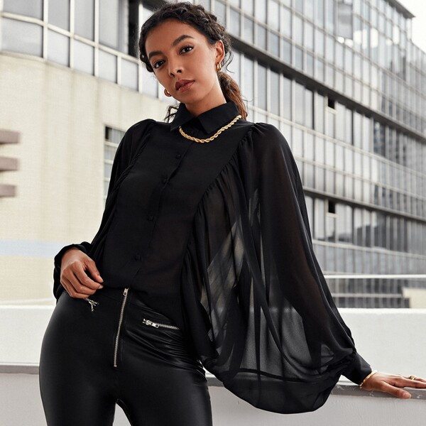 

Sheer Exaggerate Lantern Sleeve Blouse, Black
