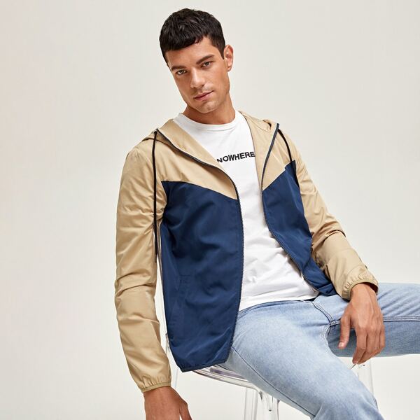 

Men Contrast Trim Colorblock Zip Up Hooded Jacket, Multicolor