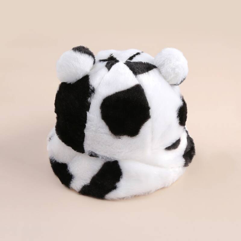 

Bear Ear Cow Print Fluffy Bucket Hat, Black and white