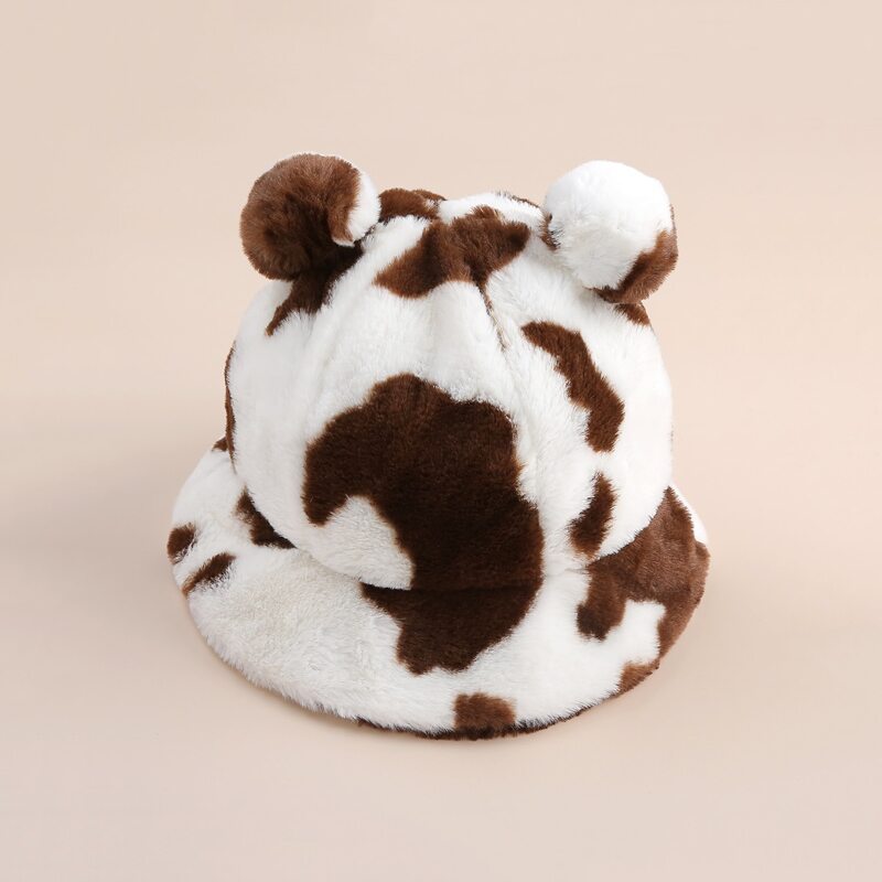 

Bear Ear Cow Print Fluffy Bucket Hat, Brown