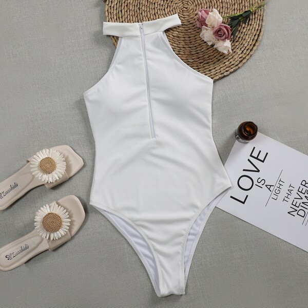 

Rib Zip-up One Piece Swimsuit, White