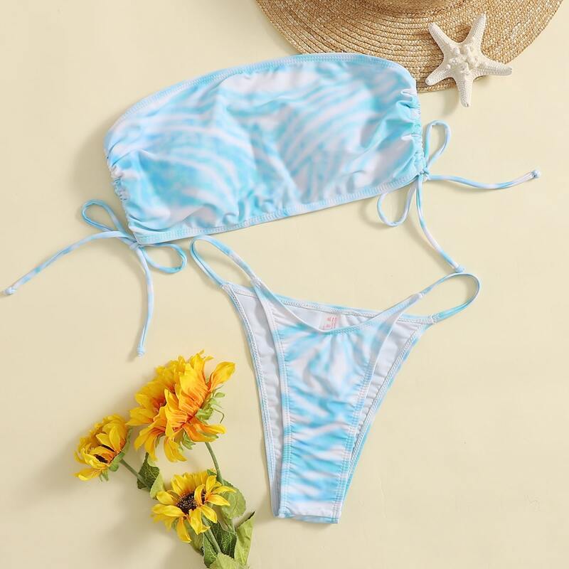 

Tie Dye High Cut Bikini Swimsuit, Blue and white