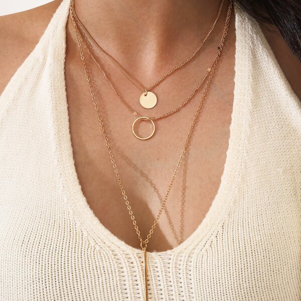 

3pcs Round Charm Necklace, Gold