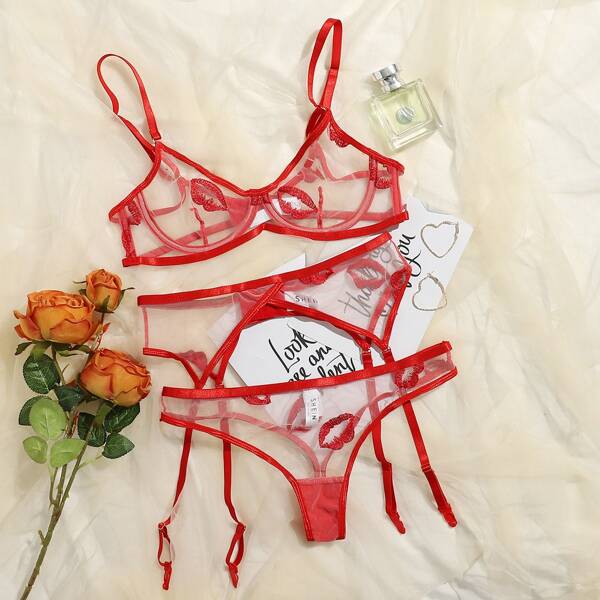 

Lip Embroidered Mesh Garter Lingerie Set, Red and white