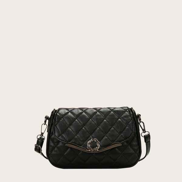 

Metal Decor Quilted Flap Crossbody Bag, Black