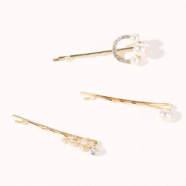 

3pcs Girls Faux Pearl Decor Bobby Pin, Gold