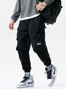 ROMWE MEN Pantalones para hombre Bolsillo Letras Casual - Negro - Ver 1