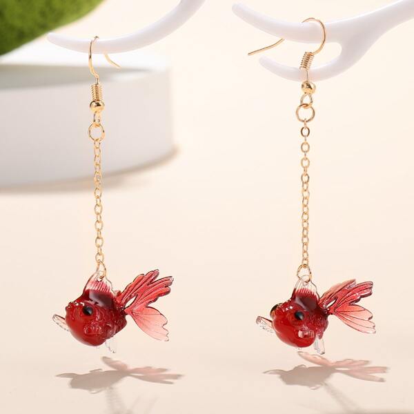 

Fish Charm Chain Drop Earrings, Red