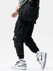 ROMWE MEN Pantalones para hombre Bolsillo Letras Casual - Negro - Ver 4